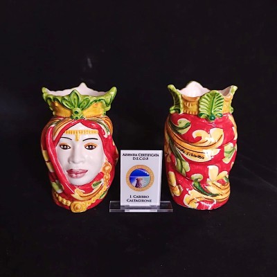 Coppia teste di moro ornato rosso in Ceramica di Caltagirone