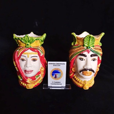 Coppia teste di moro ornato rosso in Ceramica di Caltagirone