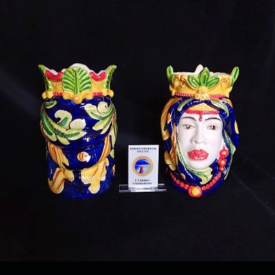 Coppia teste di moro ornato rosso in Ceramica di Caltagirone