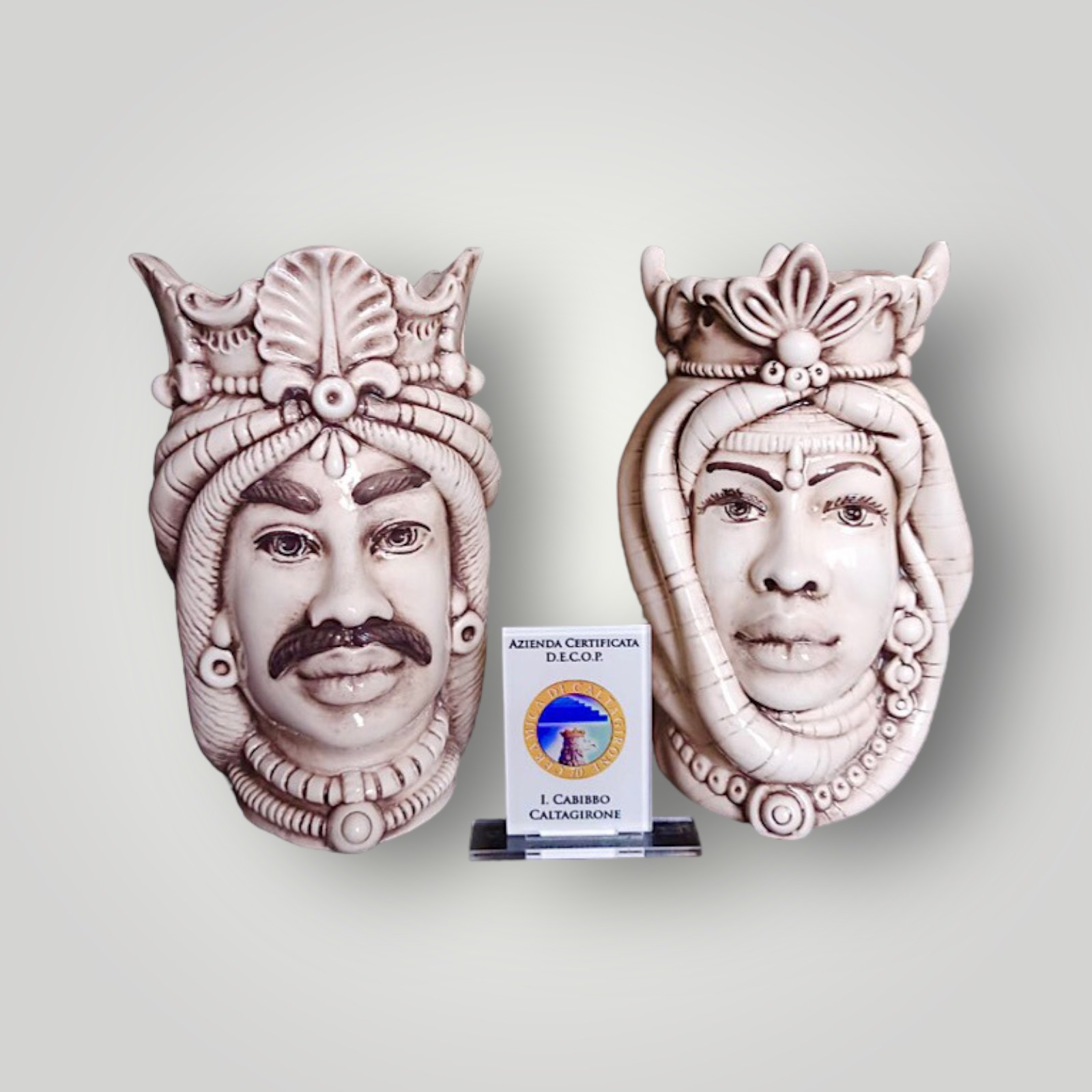 Coppia teste di moro h.14 fumè in Ceramica di Caltagirone
