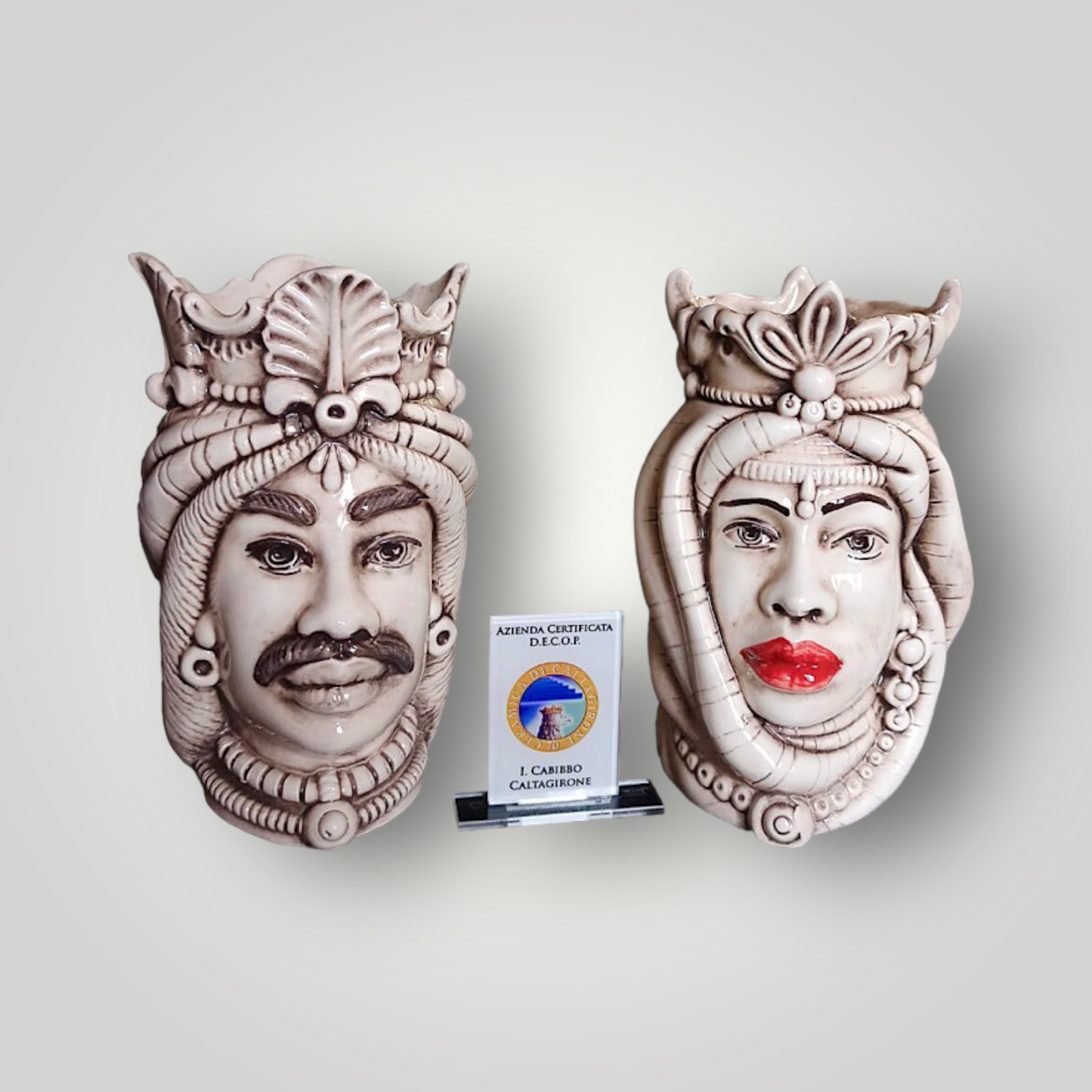 Coppia teste di moro fumè h.19 in Ceramica di Caltagirone