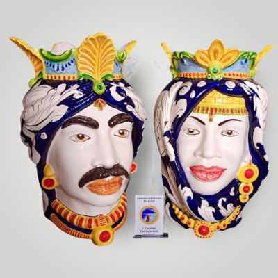 Coppia teste di moro dec. ornato in Ceramica di Caltagirone