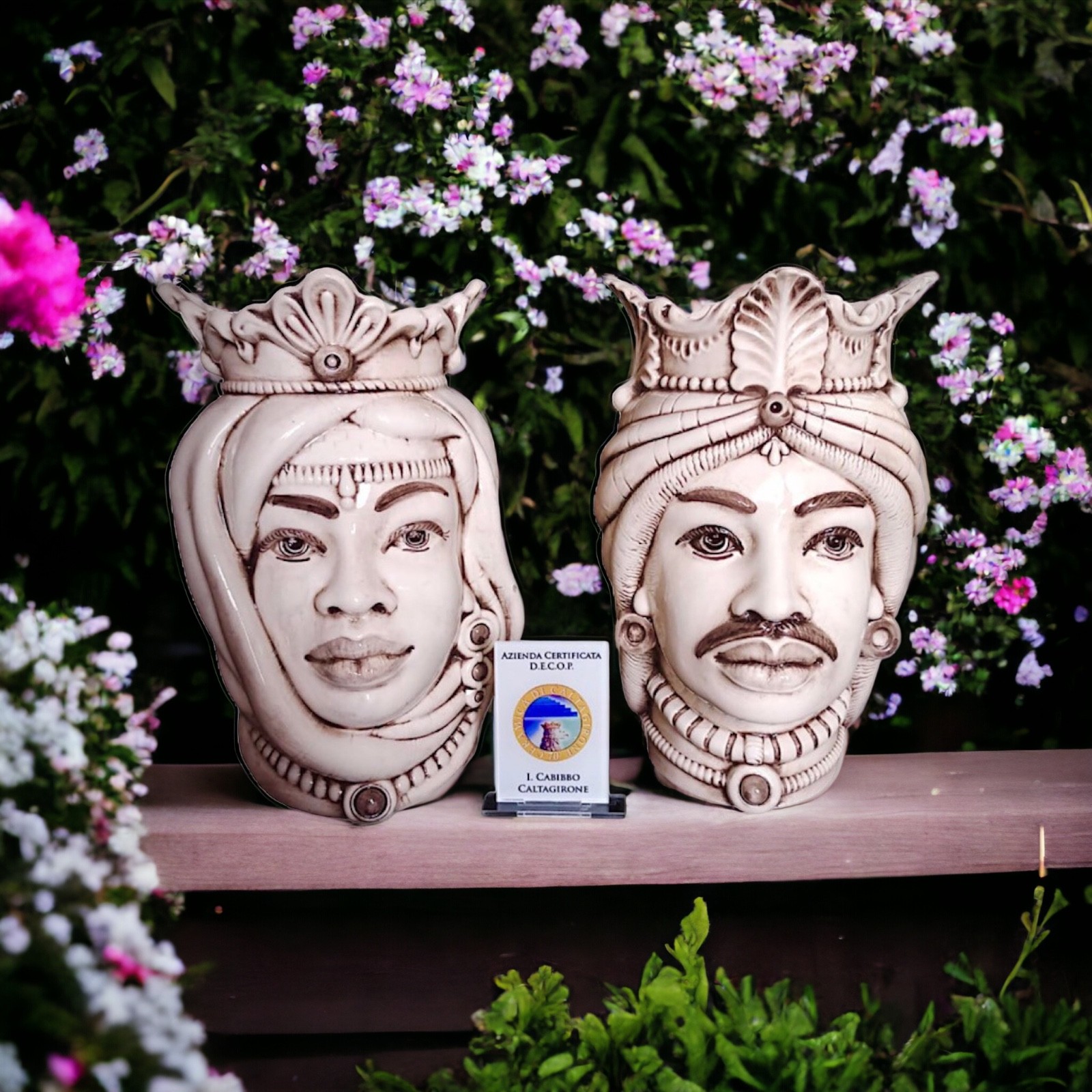 Coppia teste di moro h.25 fumè in Ceramica di Caltagirone