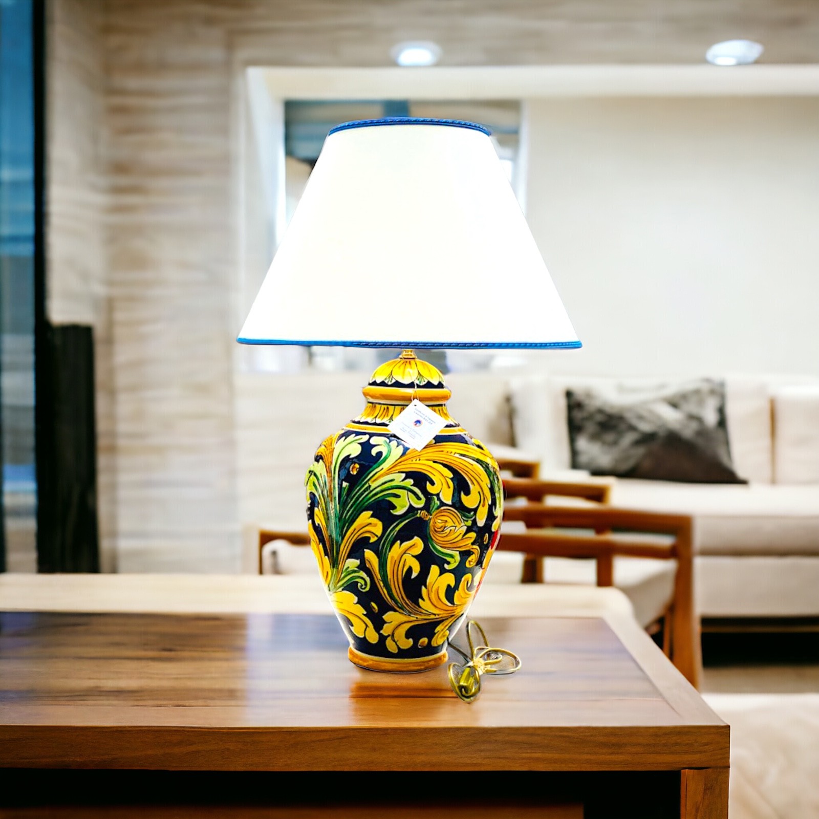 Lume Ornato Blu originale in ceramica di Caltagirone