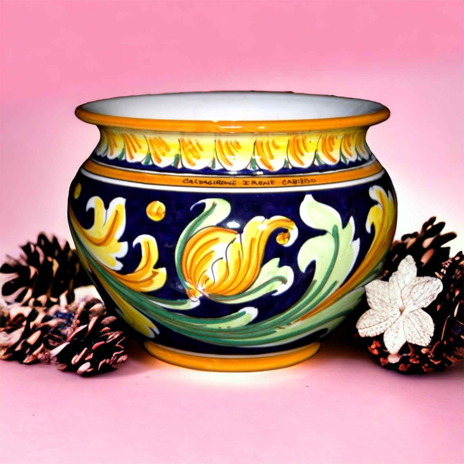 Portavasi d.23 decoro ornato blu in ceramica di Caltagirone