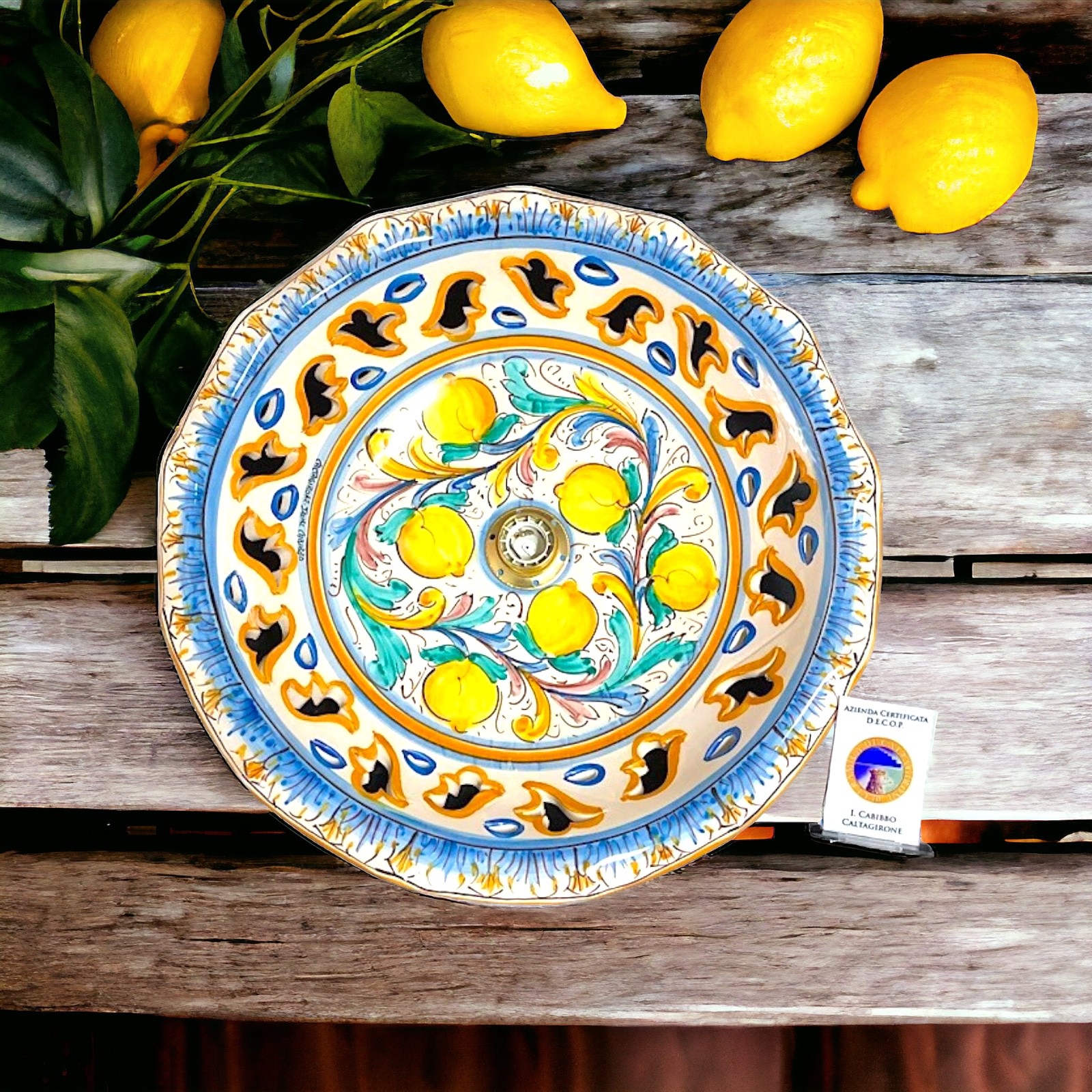 Lampadario d.45 decoro antico in ceramica di Caltagirone