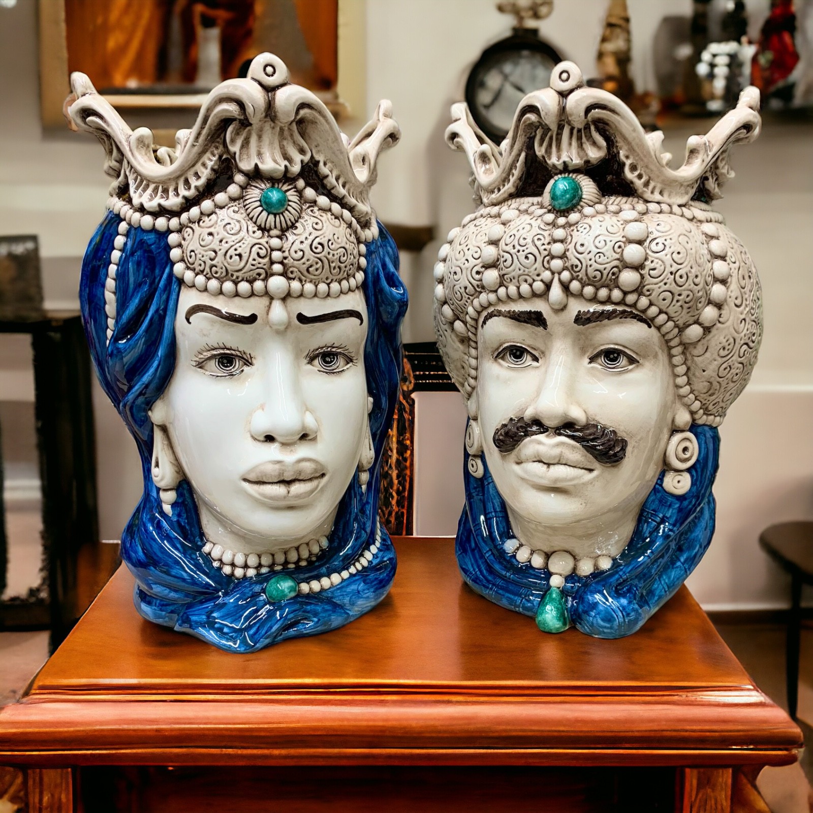 Coppia di Teste di moro H.38 in Ceramica di Caltagirone