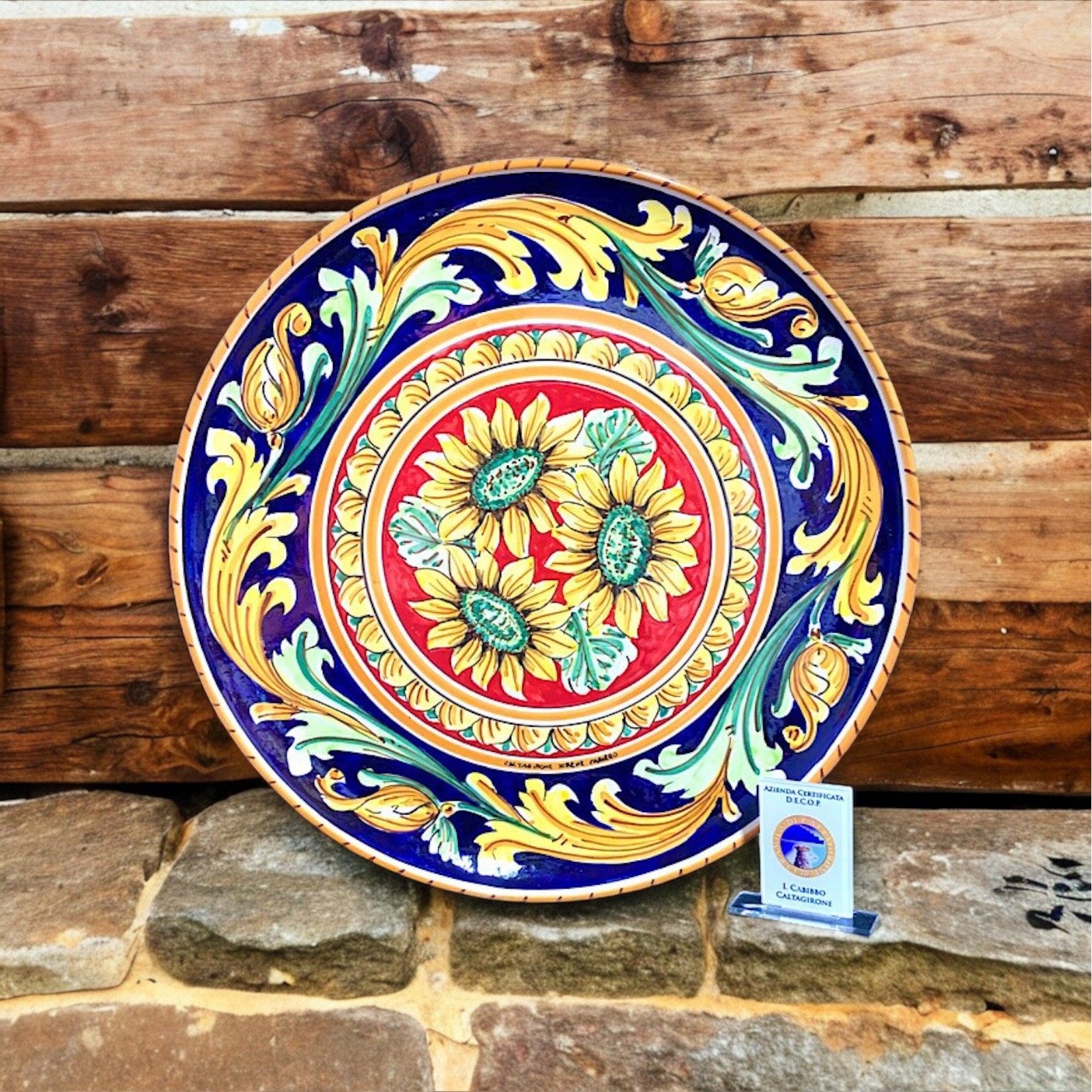 Piatto Decoro Ornato blu cobalto in ceramica di Caltagirone