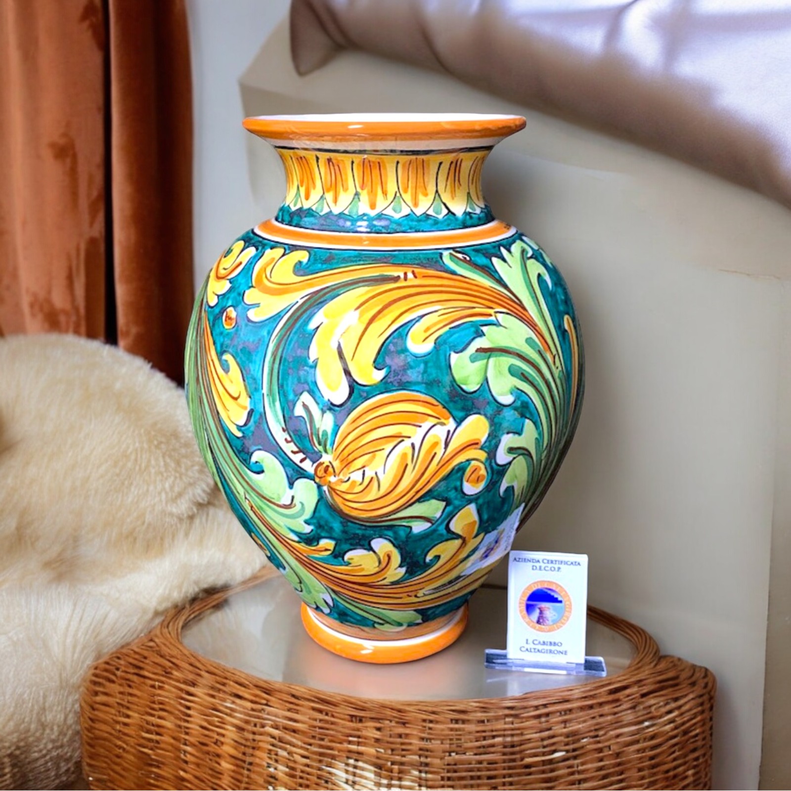 Vaso porta fiori decoro Ornato Verde in ceramica di Caltagirone