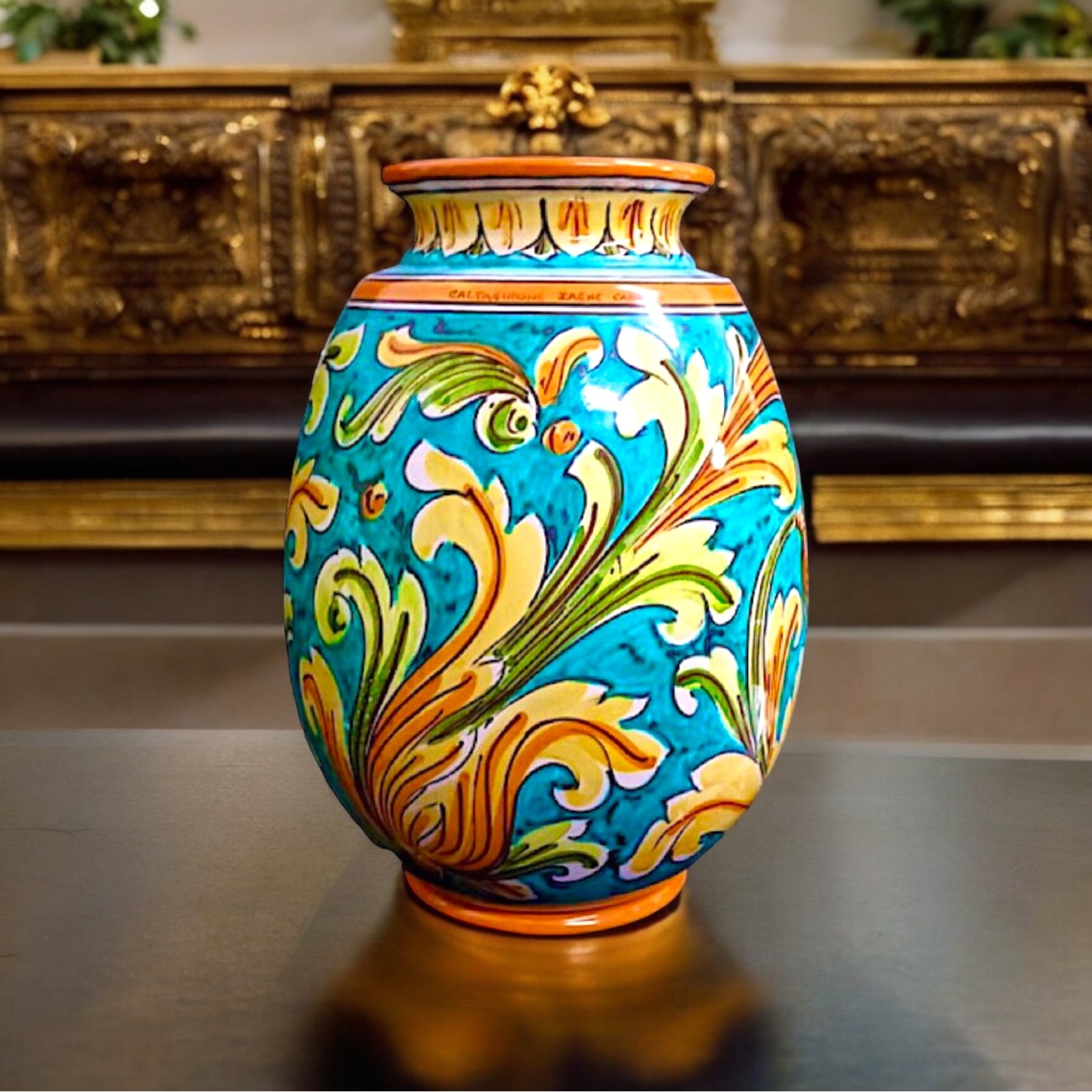 Vaso pancia larga Ornato Verde in ceramica di Caltagirone