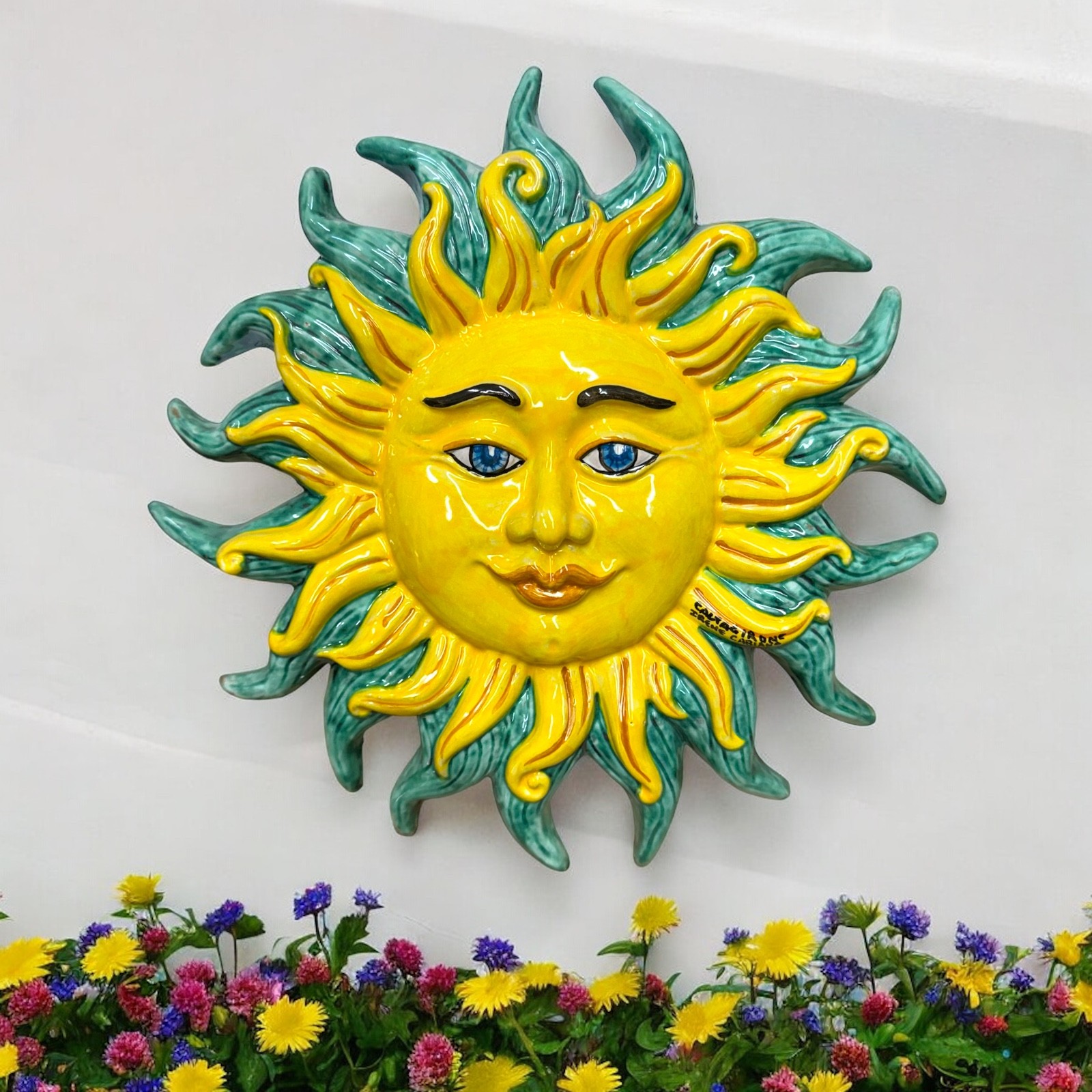 Sole Di Sicilia In Ceramica Blu Di Caltagirone – CEAR Ceramiche, Sole Murale Fatto A Mano, Diametro 23 Cm, Made In Italy