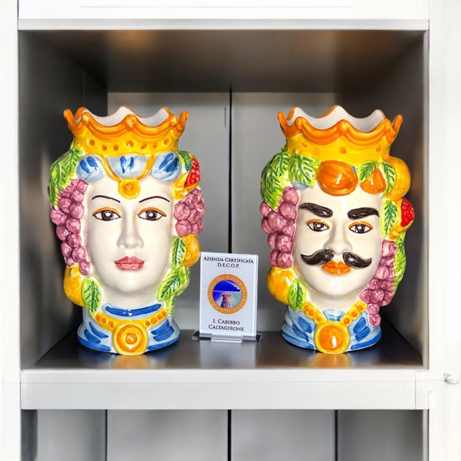 Coppia teste di moro Siciliane h.19 in Ceramica di Caltagirone