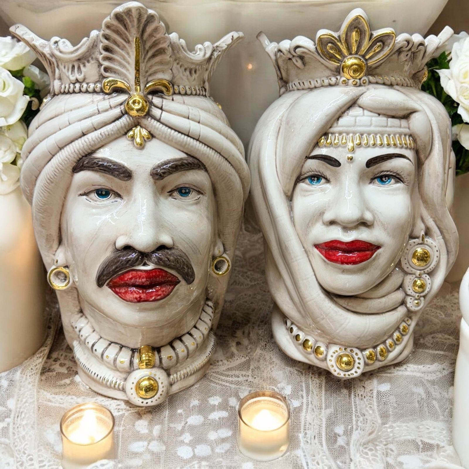 Coppia teste di moro fumè H.35 in Ceramica di Caltagirone