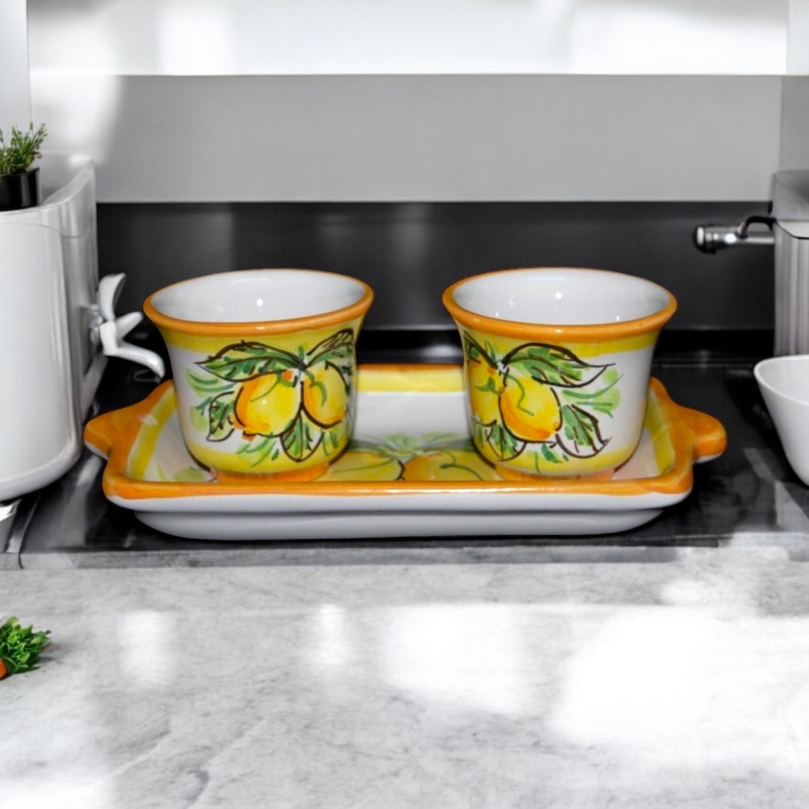Set a 2 tazzine dec. Limoni in ceramica di Caltagirone