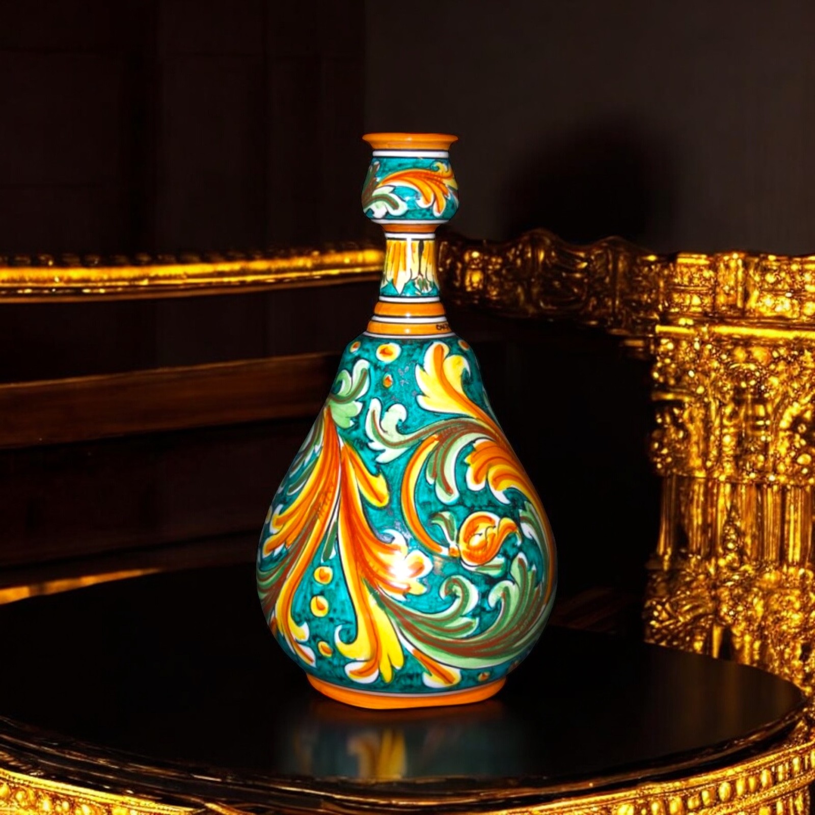 Vaso a bottiglia Ornato Verde in ceramica di Caltagirone