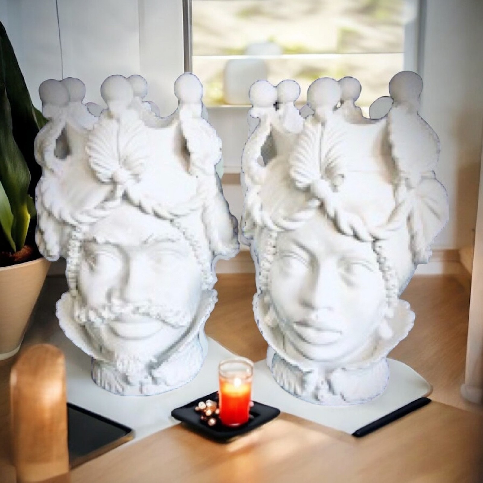 Coppia Teste di moro bianche H.38 in Ceramica i Caltagirone