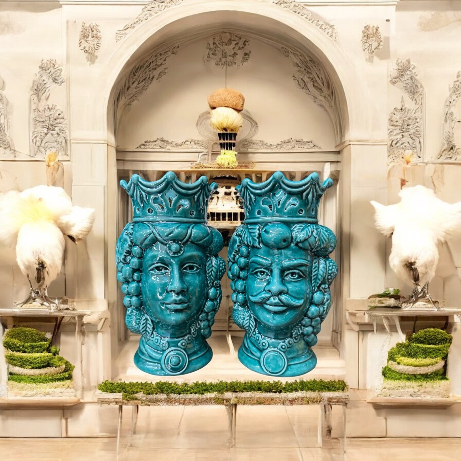 Coppia testa di moro Siciliane H.19 Ceramica di Caltagirone