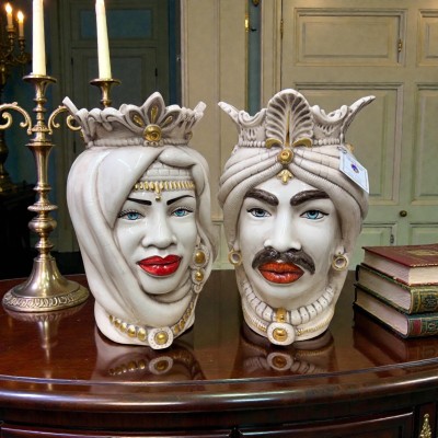 Coppia teste di moro h.36 fumè in Ceramica di Caltagirone