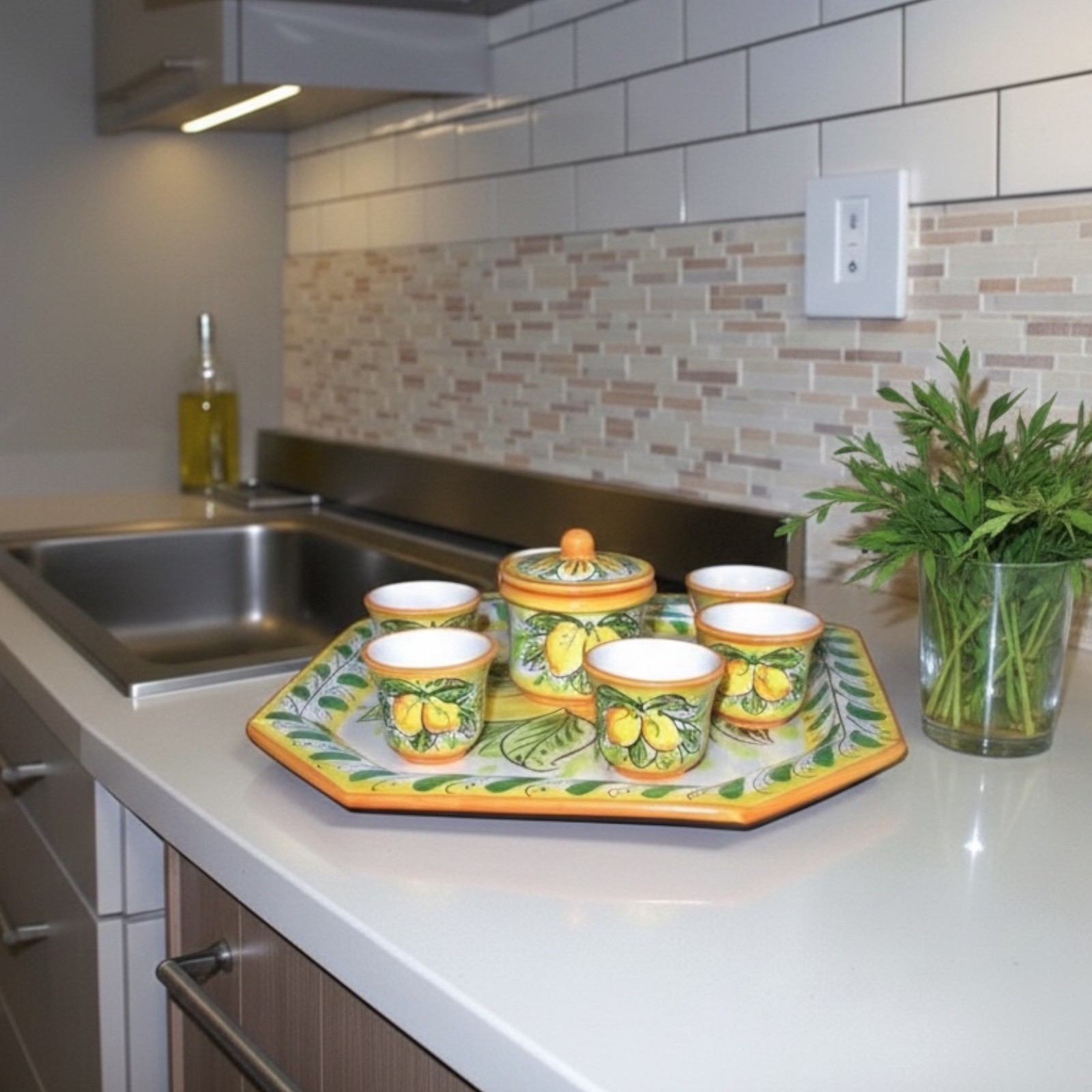 Servizio a 6, decoro Limoni in ceramica di Caltagirone