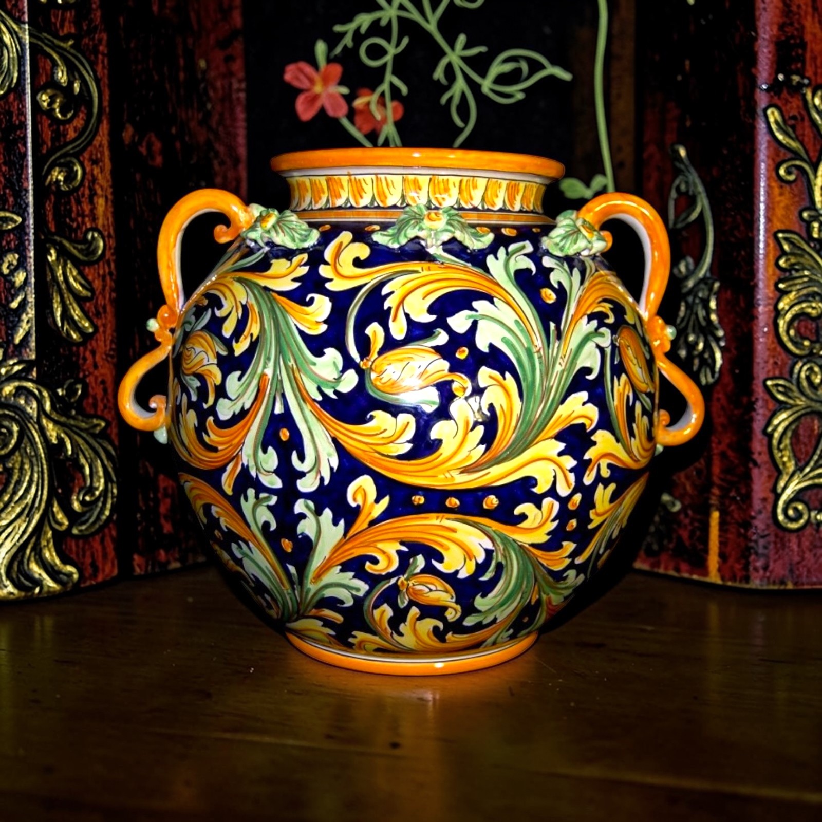 Vaso portafiori circolare Blu Cobalto in ceramica di Caltagirone