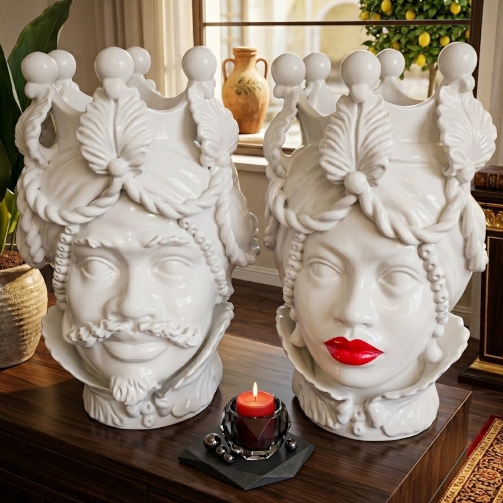 Coppia Teste di moro bianche H.38 in Ceramica i Caltagirone