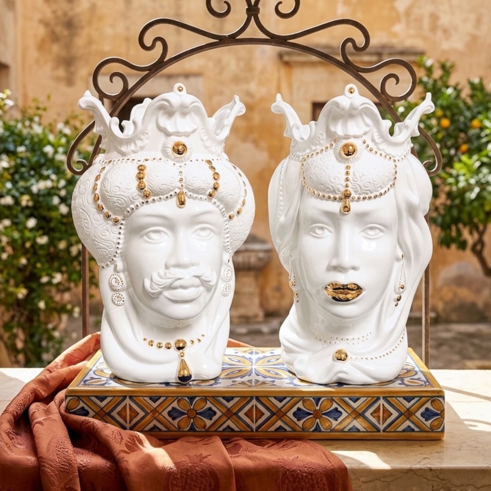 Coppia teste di moro bianche con oro in Ceramica di Caltagirone