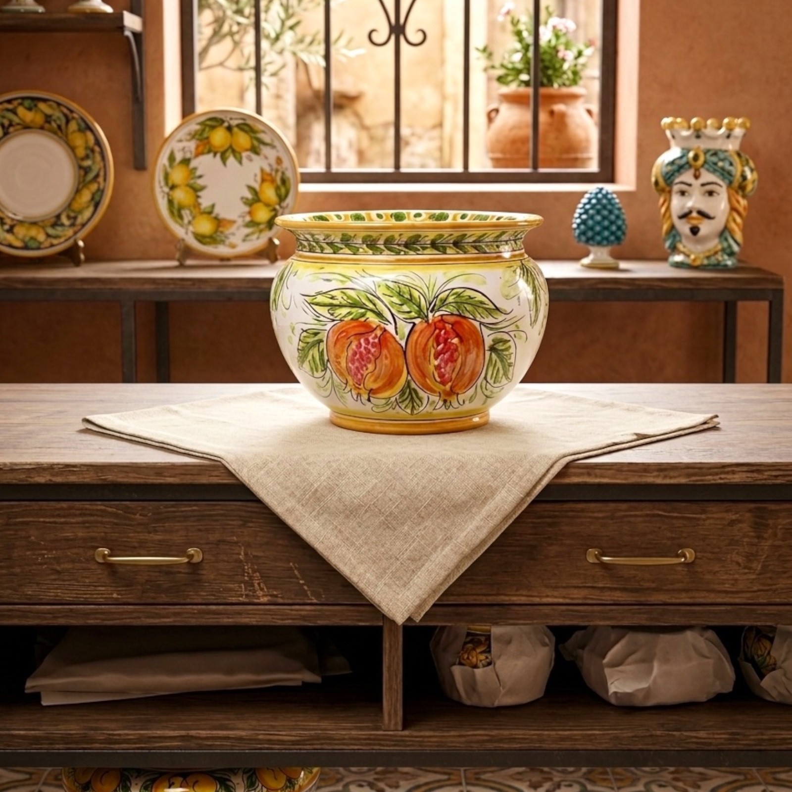 Portavasi decoro melograni in ceramica di Caltagirone