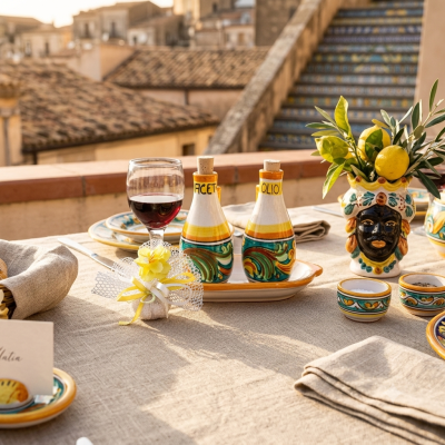 Servizio olio-aceto decoro ornato blu in ceramica di Caltagirone