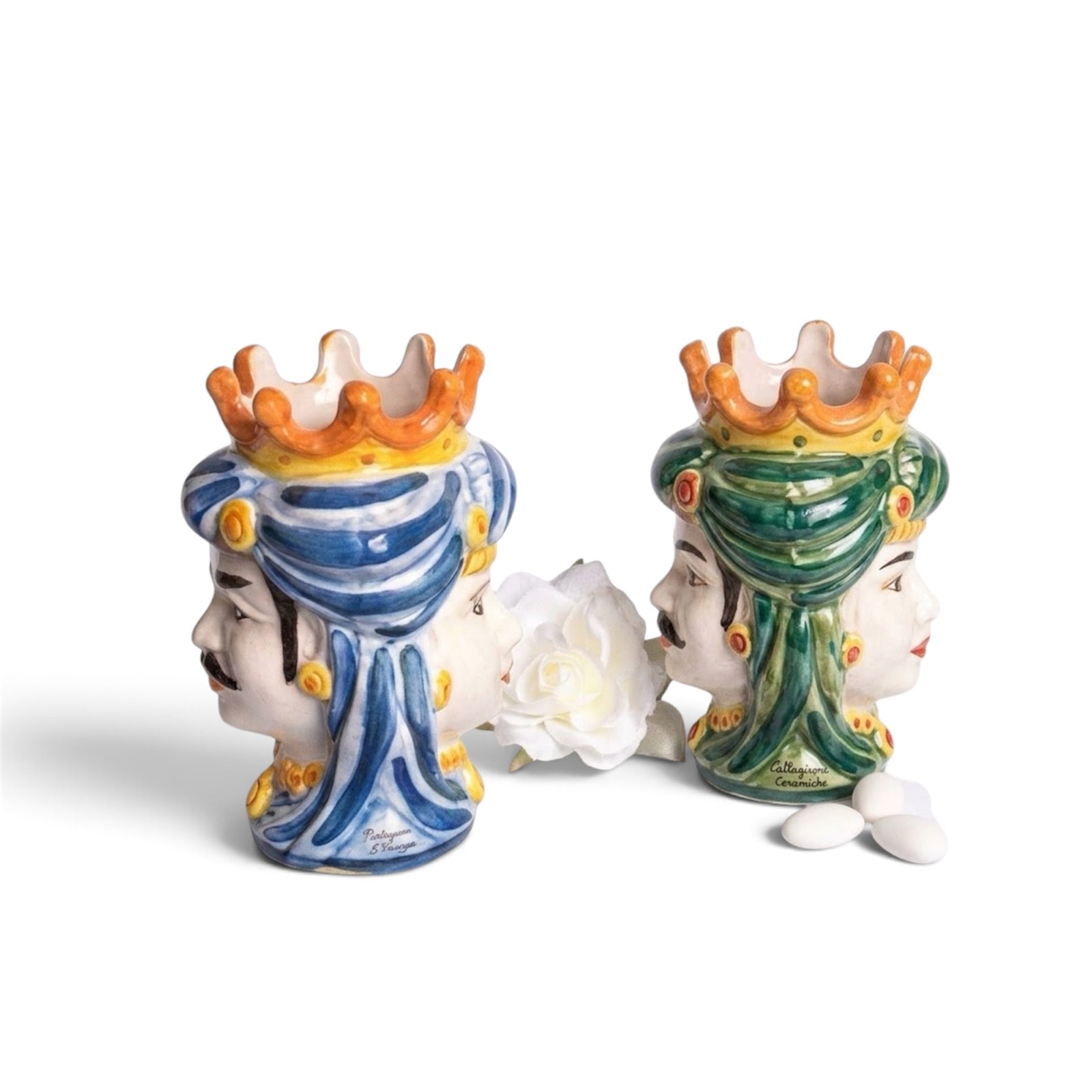 Testa di moro h.14 a doppia faccia in ceramica di Caltagirone
