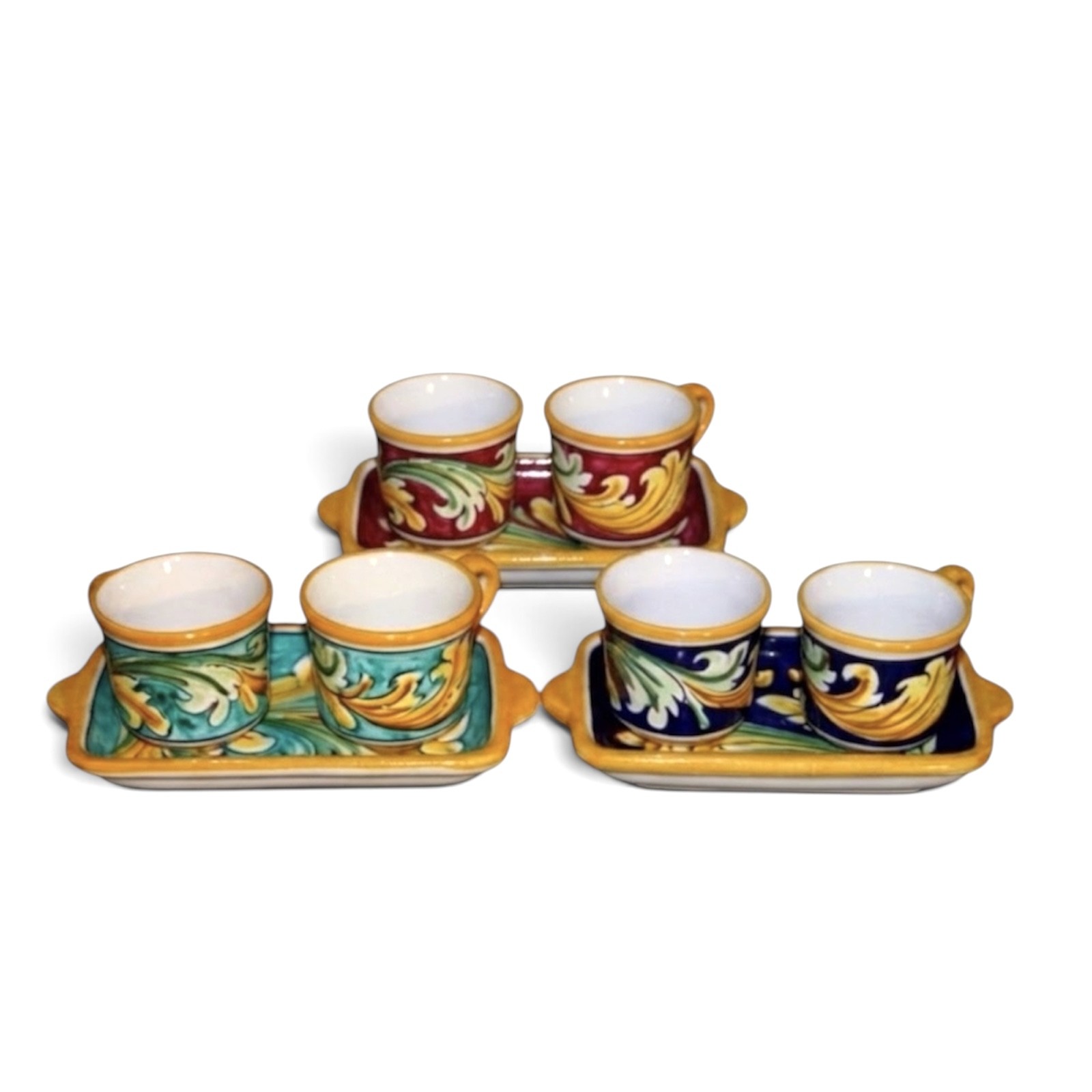Servizio a due tazzine dec. Ornato blu in ceramica di Caltagirone