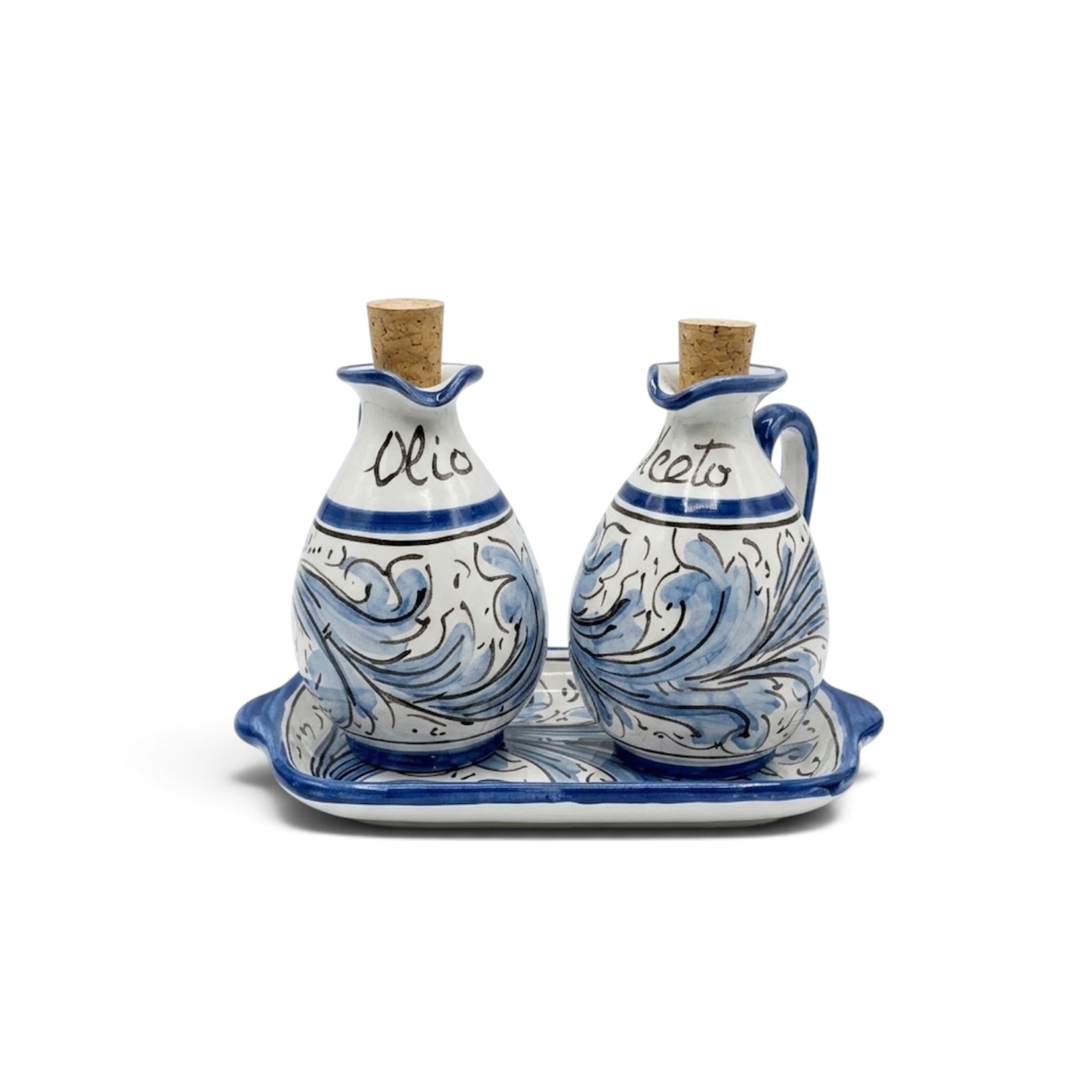 Servizio olio-aceto decoro ornato blu in ceramica di Caltagirone